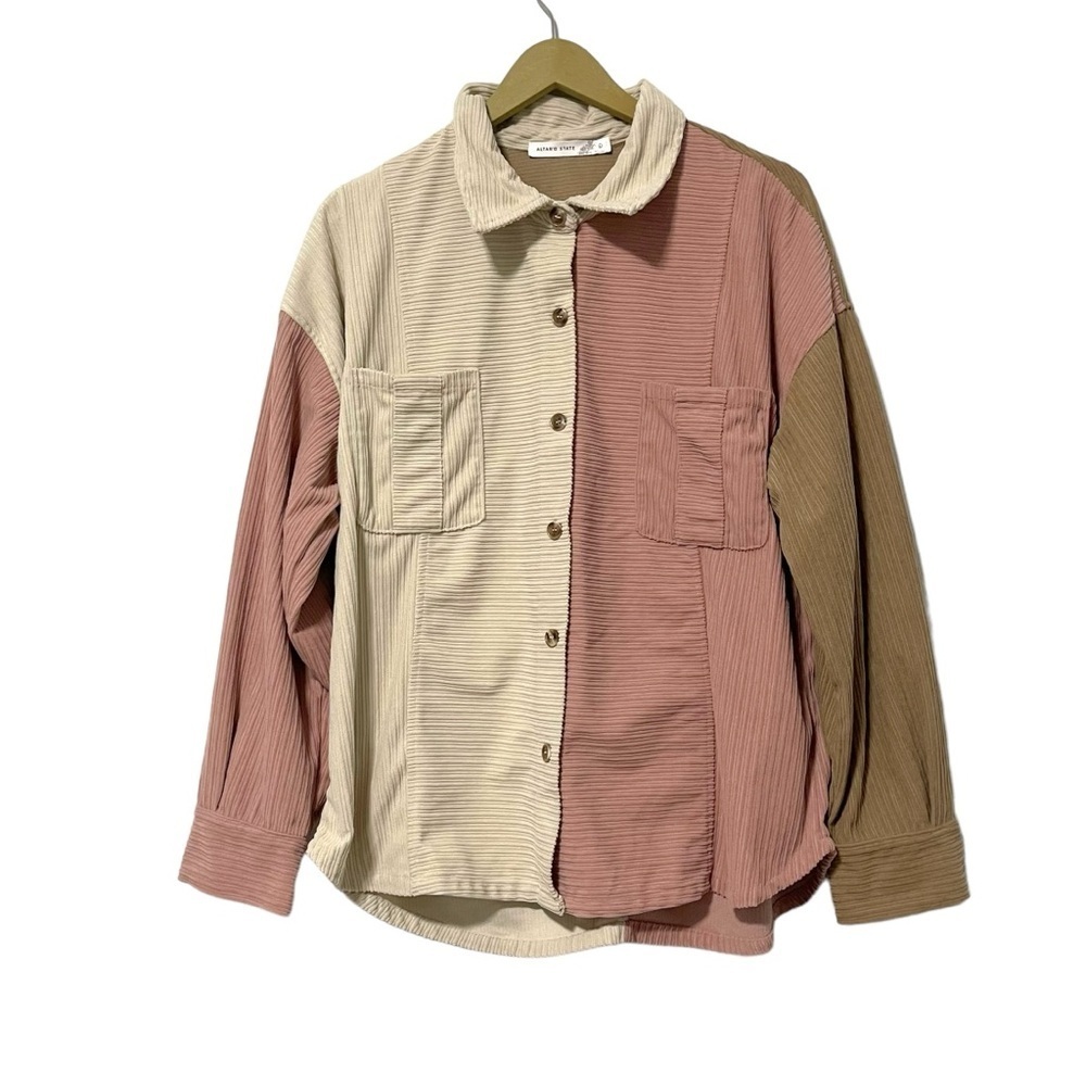 Altar’d State Pink Beige Corduroy Colorblock Shacket Size Large Western Coastal